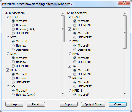 Windows7 DS Filter Tweaker Preferred Decoder Before Change